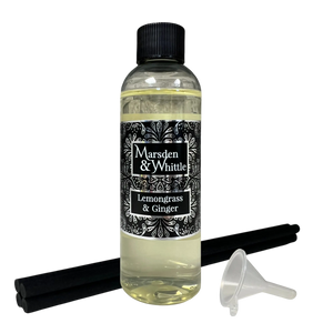 Lemongrass & Ginger Reed Diffuser Refill with 4 black fibre reeds and small plastic funnel