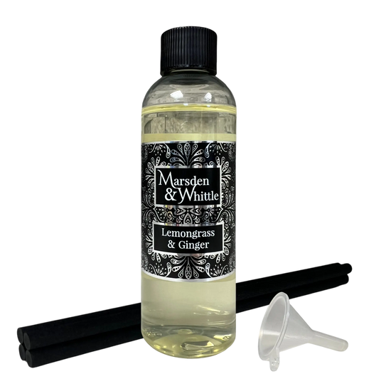 Lemongrass & Ginger Reed Diffuser Refill with 4 black fibre reeds and small plastic funnel