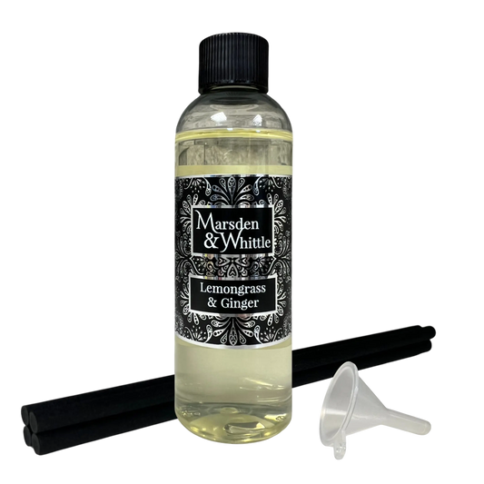 Lemongrass & Ginger Reed Diffuser Refill with 4 black fibre reeds and small plastic funnel