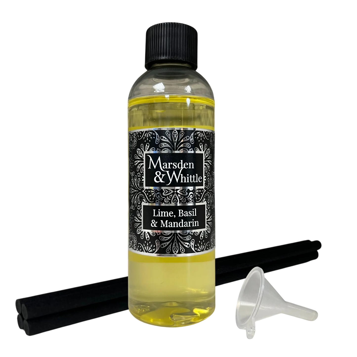 Lime, Basil & Mandarin Reed Diffuser Refill with 4 black fibre reeds and small plastic funnel