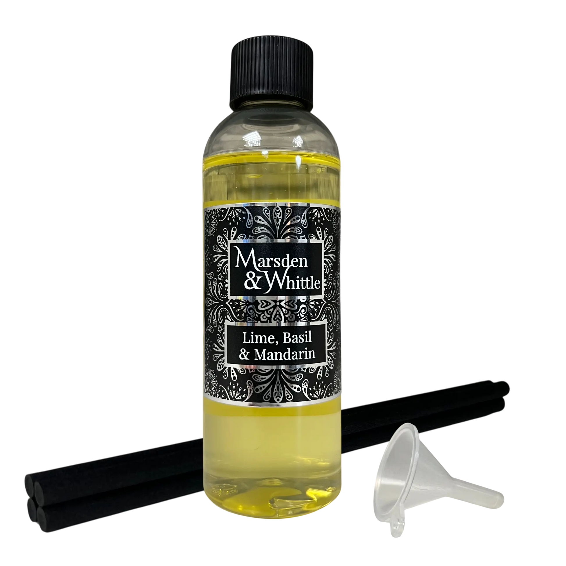 Lime, Basil & Mandarin Reed Diffuser Refill with 4 black fibre reeds and small plastic funnel