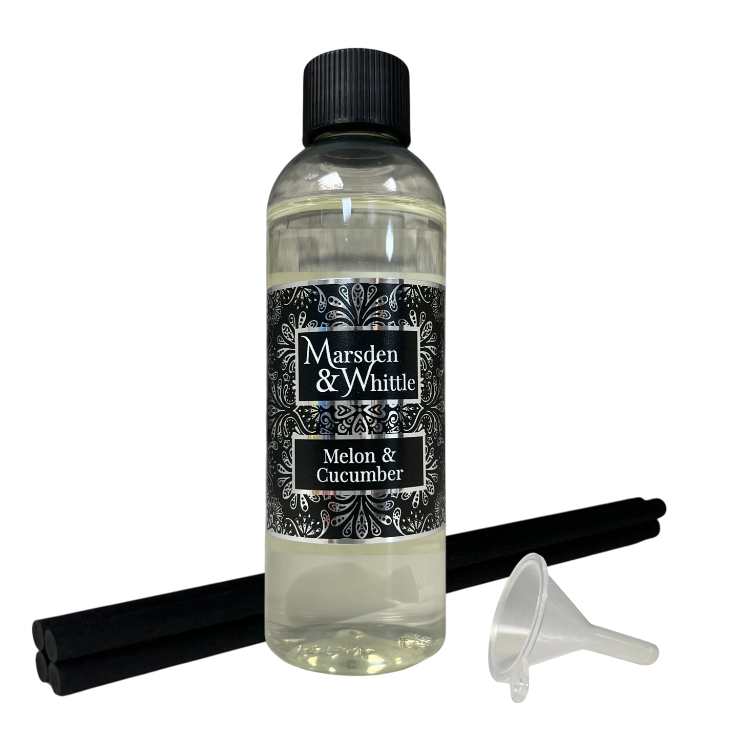 Melon & Cucumber Reed Diffuser Refill with 4 black fibre reeds and small plastic funnel