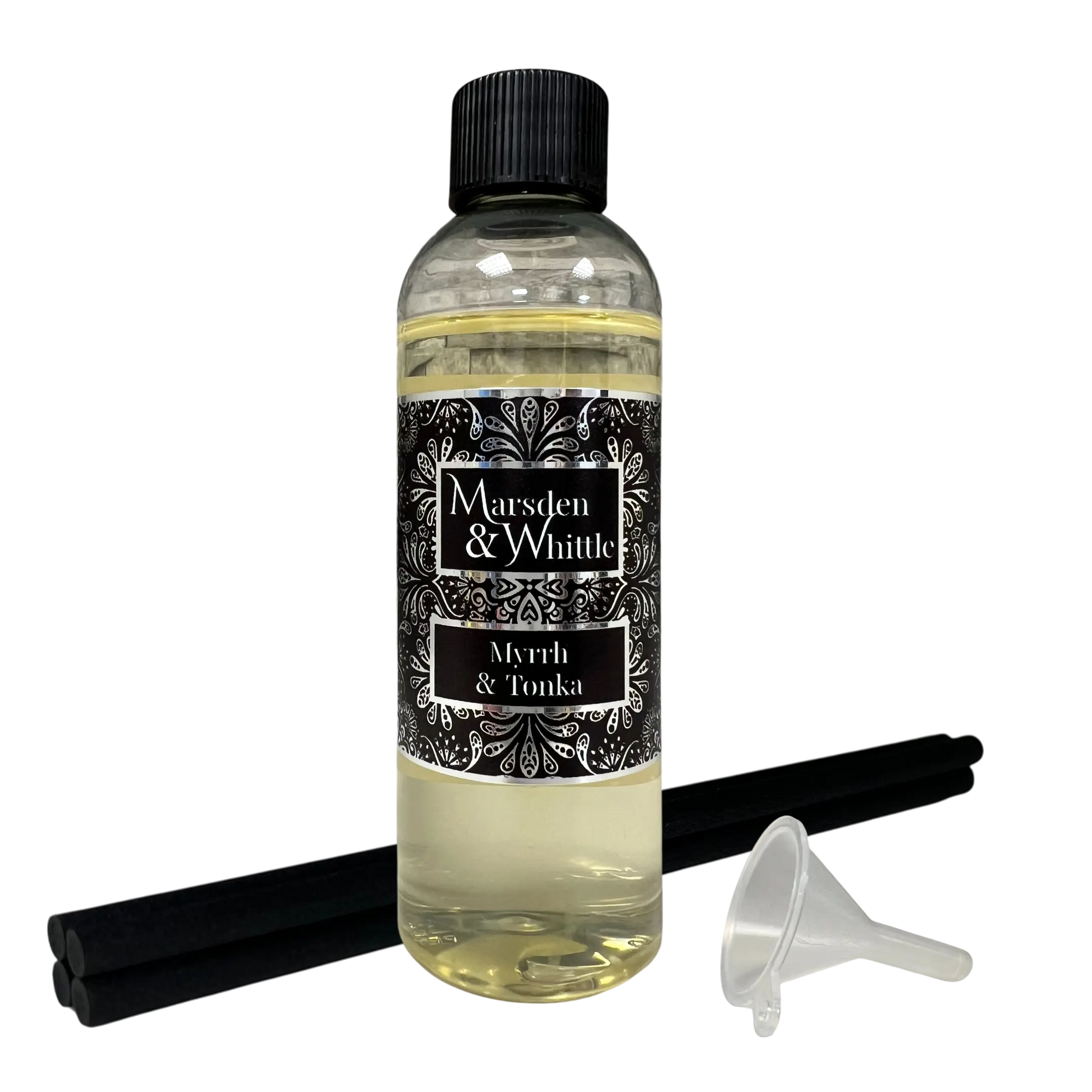 Myrrh & Tonka Reed Diffuser Refill with 4 black fibre reeds and small plastic funnel