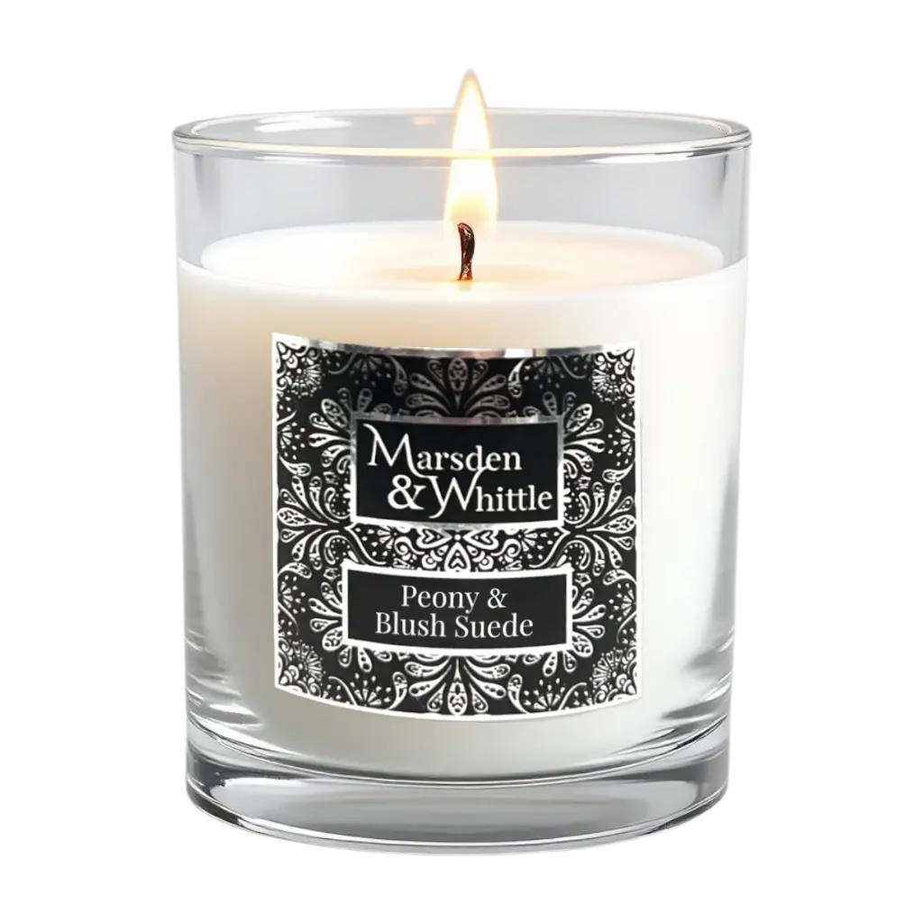 Peony & Blush Suede Candle in a clear glass jar