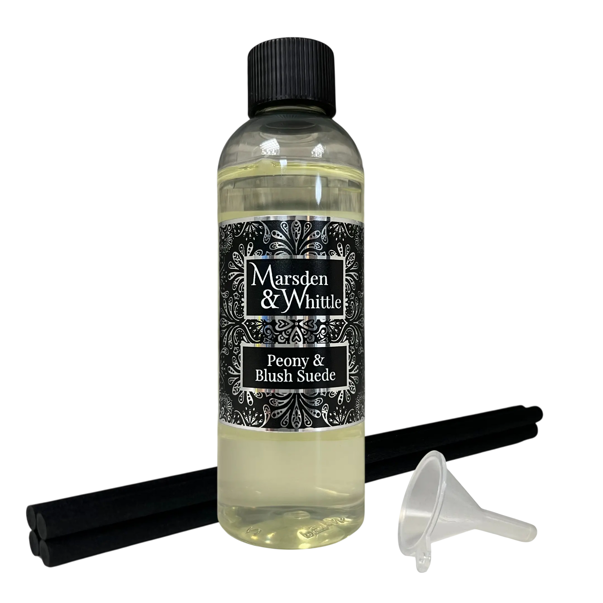 Peony & Blush Suede Reed Diffuser Refill with 4 black fibre reeds and small plastic funnel