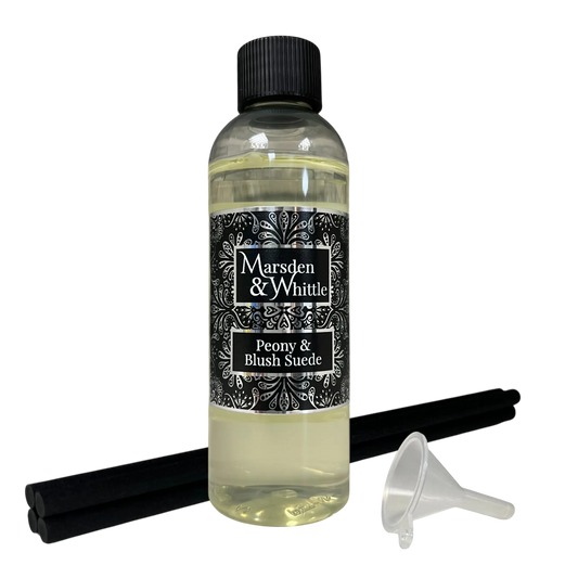 Peony & Blush Suede Reed Diffuser Refill with 4 black fibre reeds and small plastic funnel