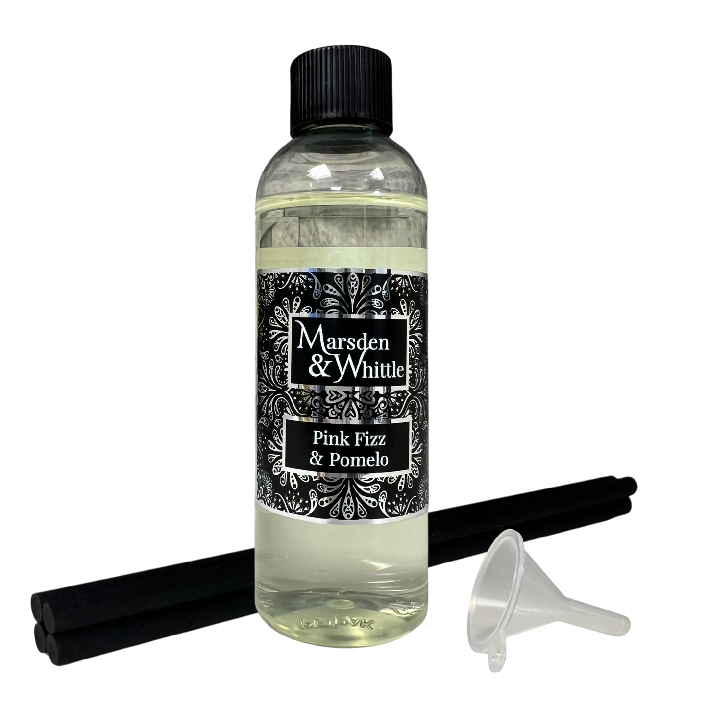 Pink Fizz & Pomelo Reed Diffuser Refill with 4 black fibre reeds and small plastic funnel