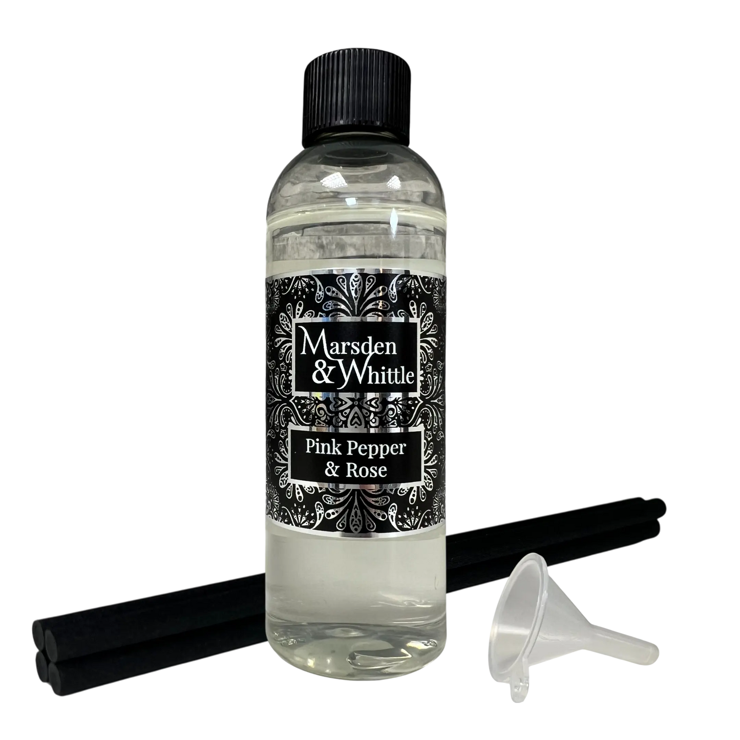 Pink Pepper & Rose Reed Diffuser Refill with 4 black fibre reeds and small plastic funnel