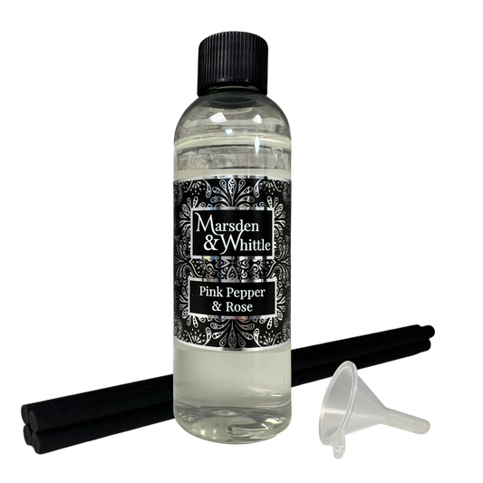 Pink Pepper & Rose Reed Diffuser Refill with 4 black fibre reeds and small plastic funnel