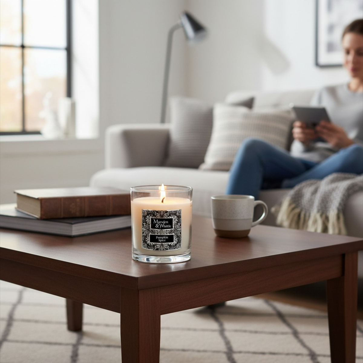 Pumpkin Spice candle on a coffee table with a person sitting on a couch in the background