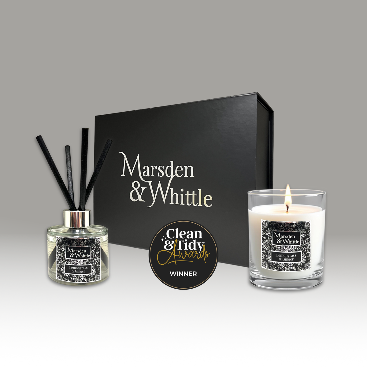 Lemongrass & Ginger Diffuser & Candle Gift Set – Reed Diffuser and Candle in a black gift box – Marsden & Whittle