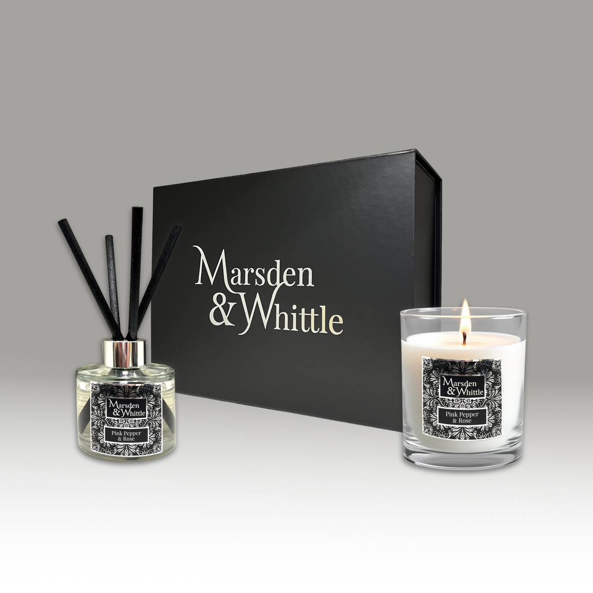 Pink Pepper & Rose Diffuser & Candle Gift Set – Reed Diffuser and Candle in a black gift box – Marsden & Whittle
