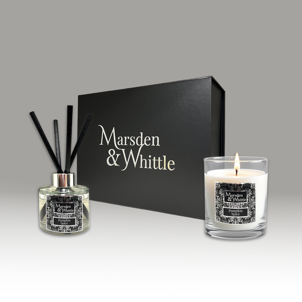 Pumpkin Spice Diffuser & Candle Gift Set – Reed Diffuser and Candle in a black gift box – Marsden & Whittle