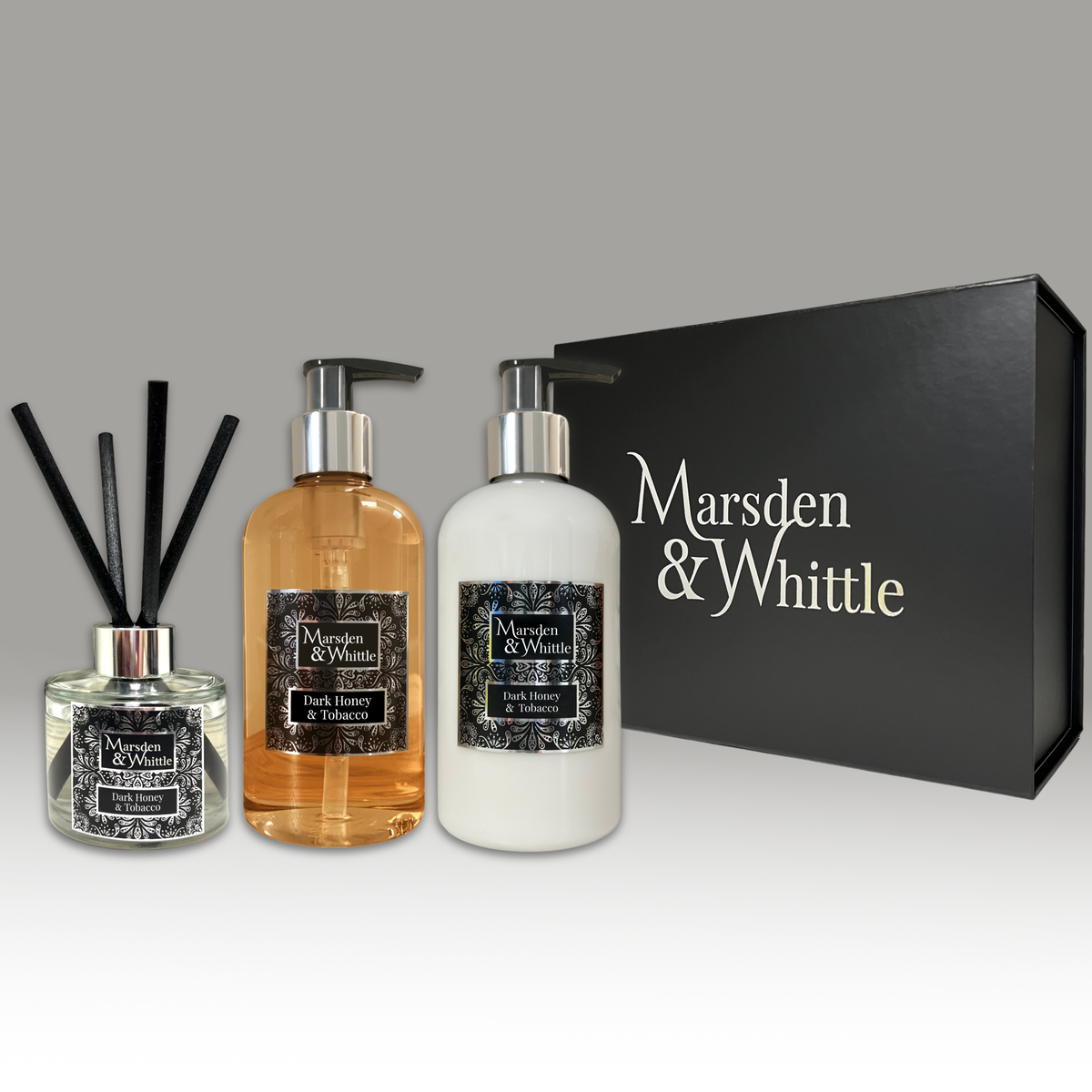 Dark Honey & Tobacco Diffuser, Wash & Lotion Gift Set – Reed Diffuser, Hand & Body Wash and Lotion in a black gift box – Marsden & Whittle