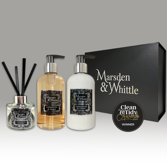 Lemongrass & Ginger Diffuser, Wash & Lotion Gift Set – Reed Diffuser, Hand & Body Wash and Lotion in a black gift box – Marsden & Whittle