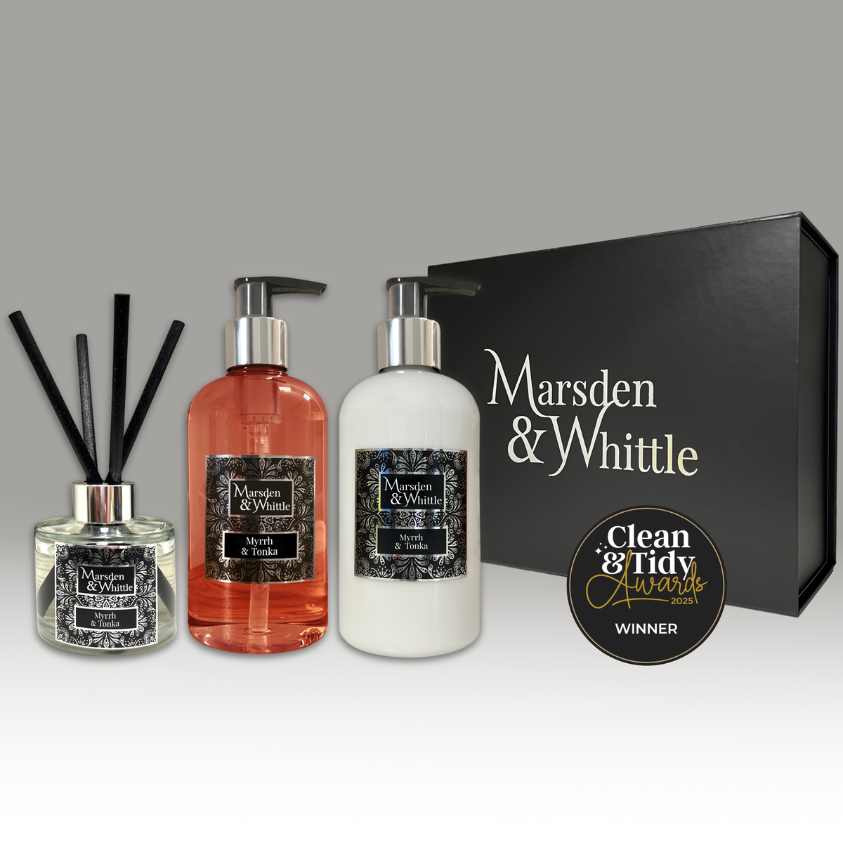 Myrrh & Tonka Diffuser, Wash & Lotion Gift Set – Reed Diffuser, Hand & Body Wash and Lotion in a black gift box – Marsden & Whittle