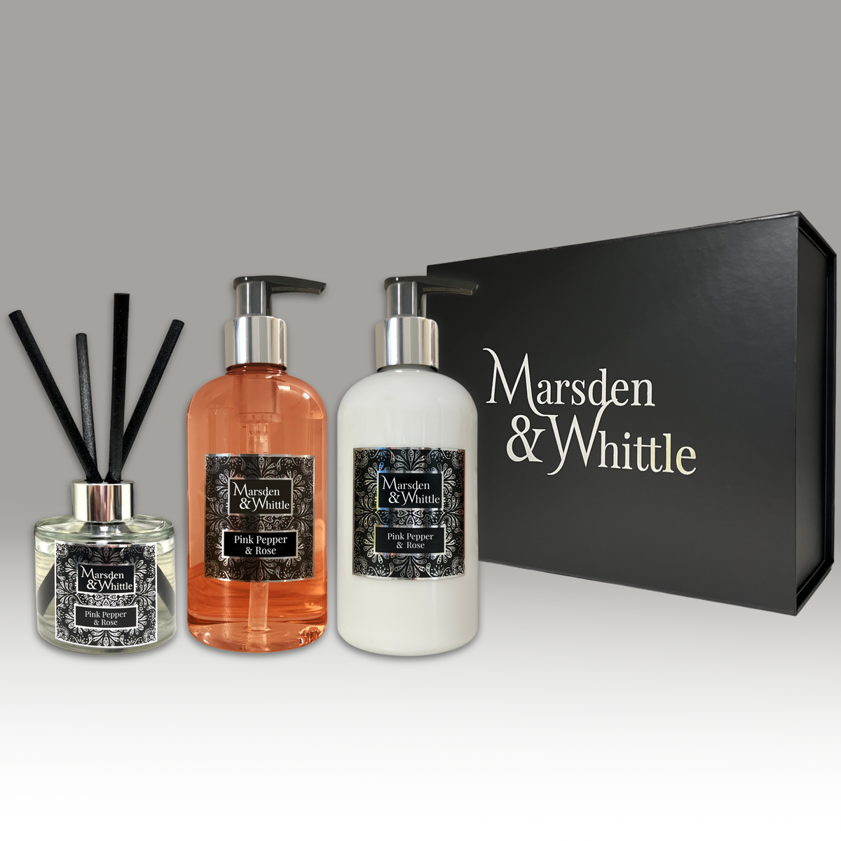 Pink Pepper & Rose Diffuser, Wash & Lotion Gift Set – Reed Diffuser, Hand & Body Wash and Lotion in a black gift box – Marsden & Whittle