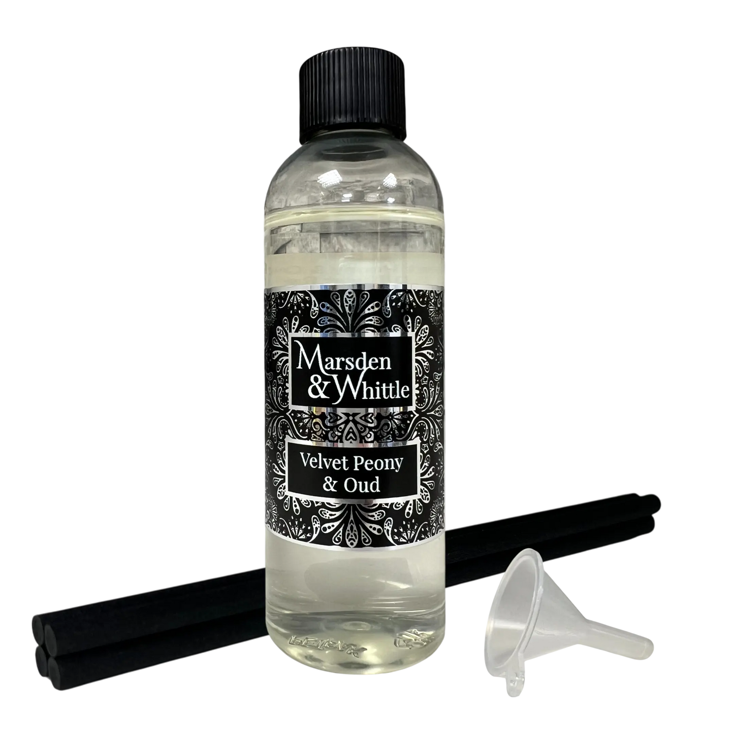Velvet Peony & Oud Reed Diffuser Refill with 4 black fibre reeds and small plastic funnel