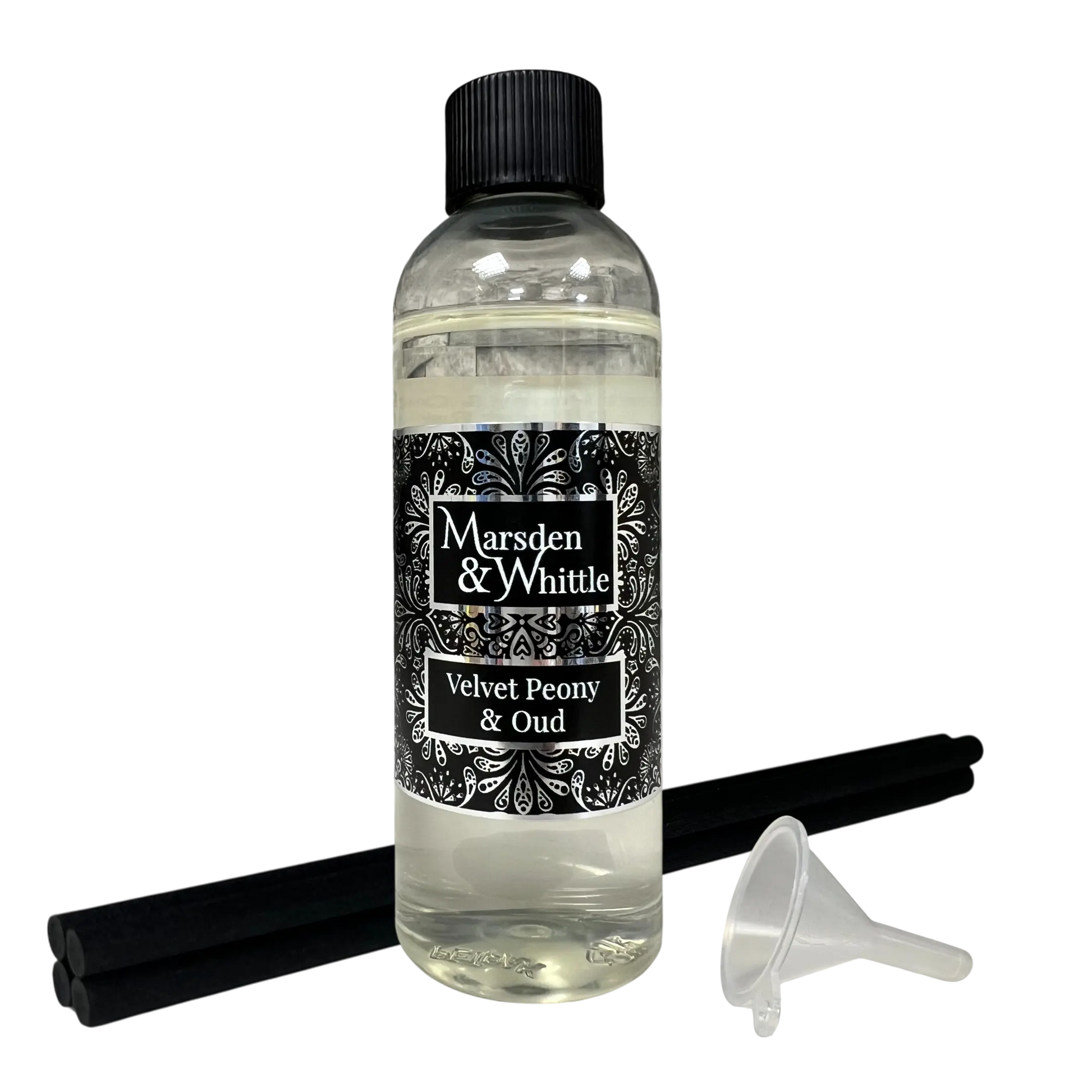 Velvet Peony & Oud Reed Diffuser Refill with 4 black fibre reeds and small plastic funnel
