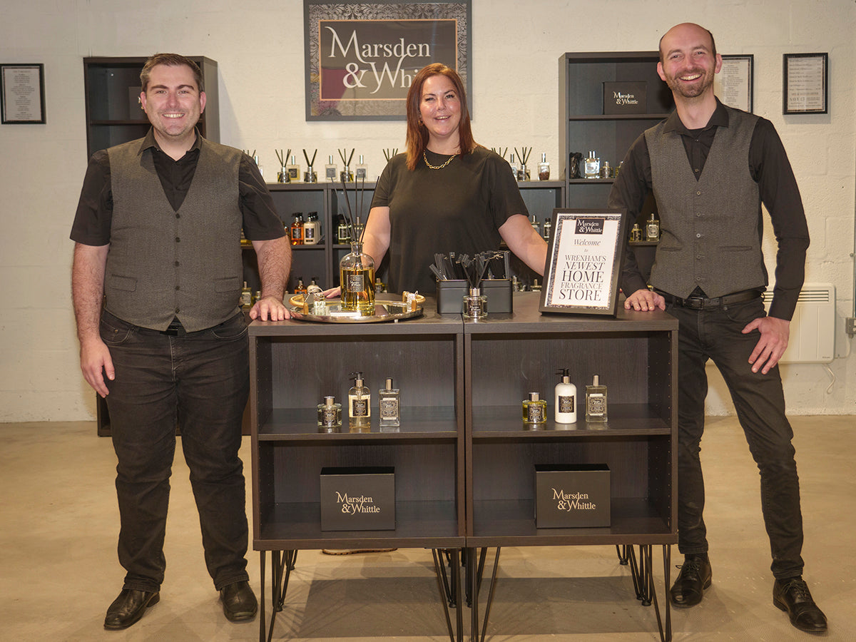 Matt, Danielle & Scott standing in the Marsden & Whittle candle shop in Wrexham City Centre